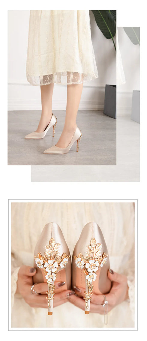 Elegant Crystal-Embellished Silk Pointed Toe Pumps for Women - Luxurious High Heels Perfect for Bridal and Evening Wear, Sexy Dress Shoes with Thin Heels